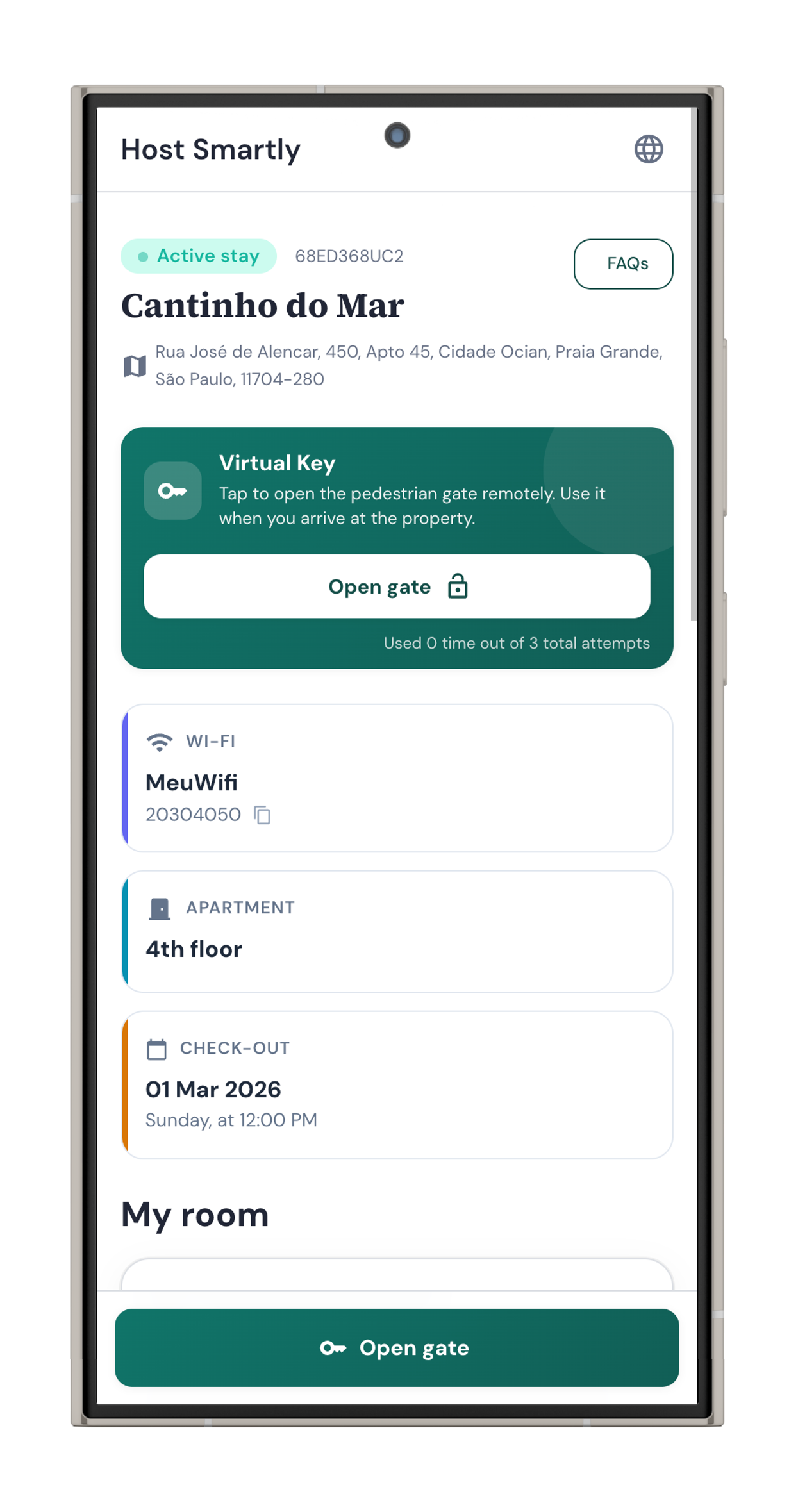 Open Gate button on guest mobile screen
