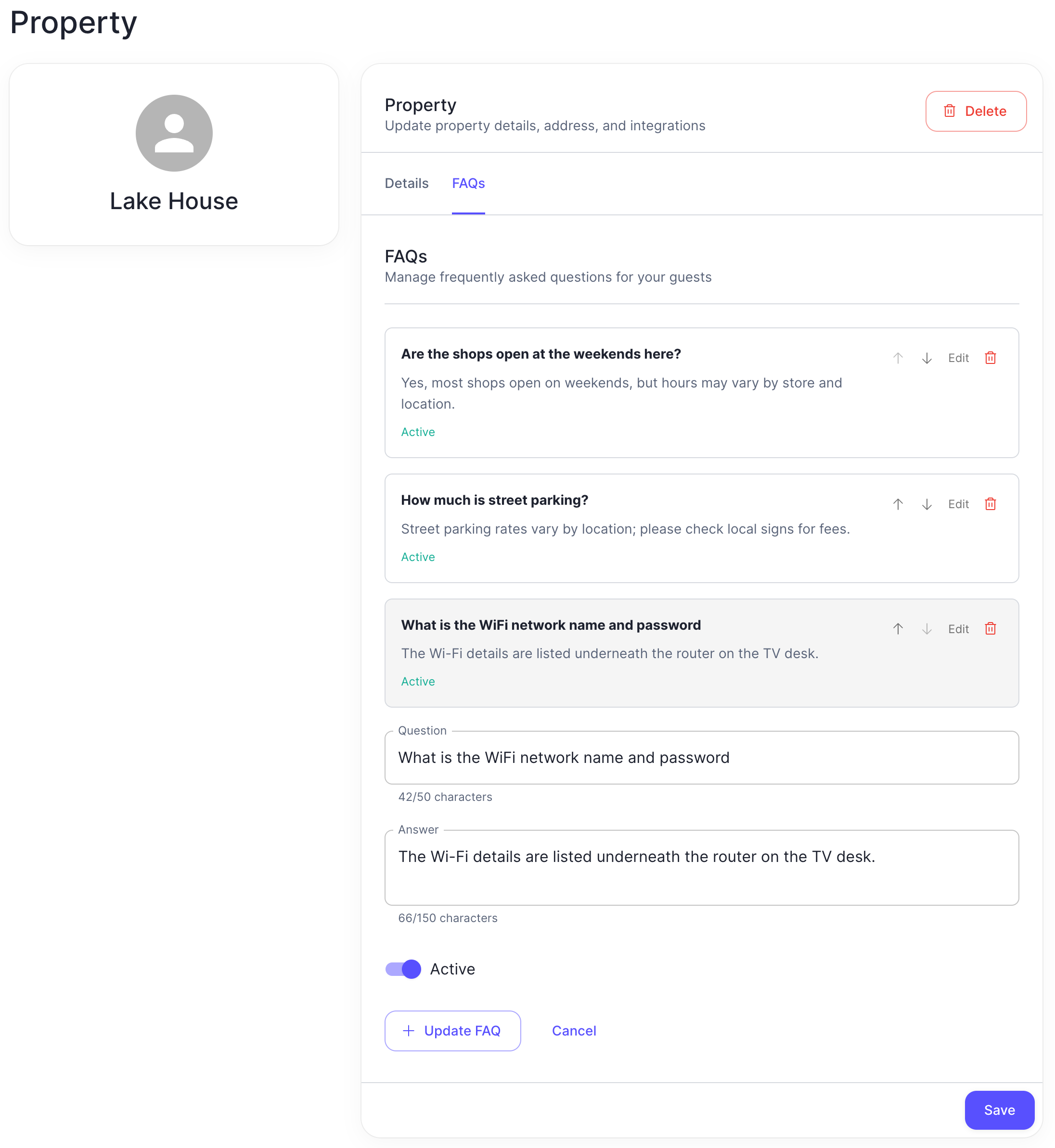 Host Smartly FAQ builder interface showing how to create custom questions and answers