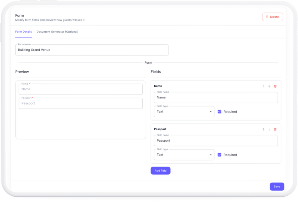 Host Smartly form builder interface showing custom field creation