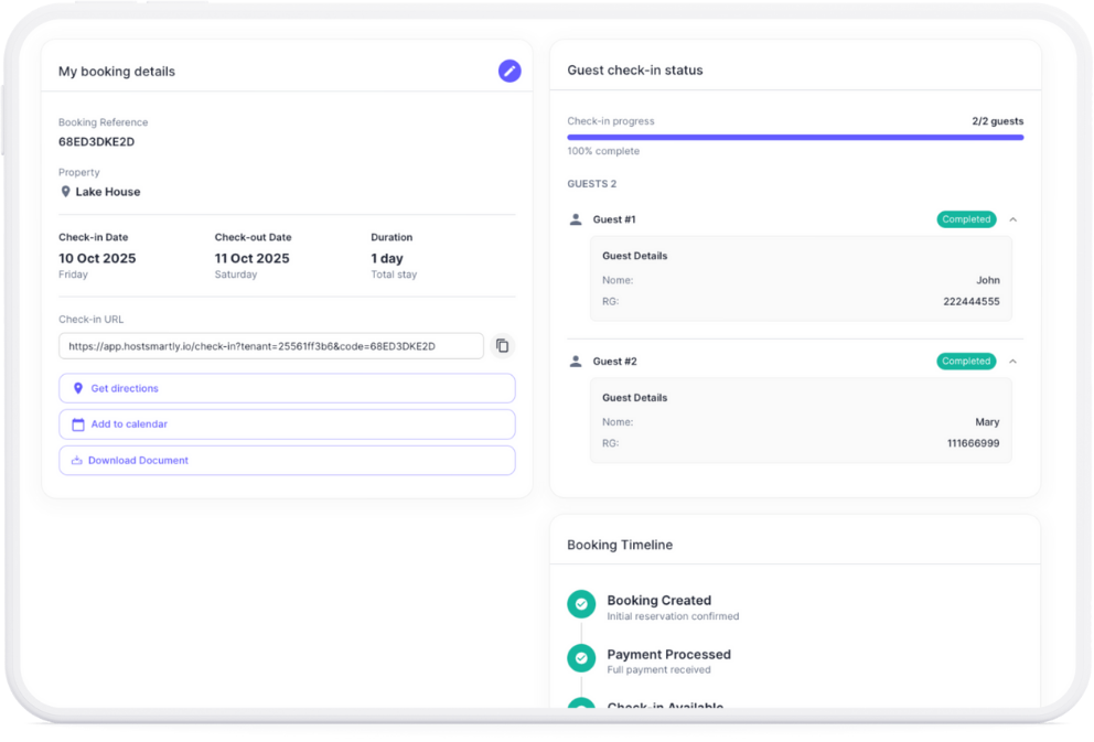 Host Smartly dashboard showing guest check-in form responses